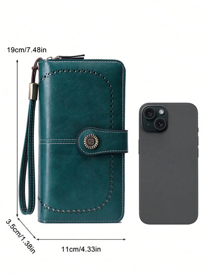RFID Blocking Large Capacity Tri-Fold Multi-Card Slot PU Solid Color Zipper Snap Wallet, Multi-Functional European And American New Vintage Women's Wallet With Wrist Strap, Valentine's Day Gift For Wi
