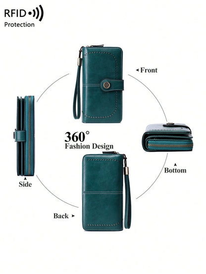 RFID Blocking Large Capacity Tri-Fold Multi-Card Slot PU Solid Color Zipper Snap Wallet, Multi-Functional European And American New Vintage Women's Wallet With Wrist Strap, Valentine's Day Gift For Wi