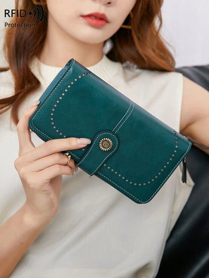 RFID Blocking Large Capacity Tri-Fold Multi-Card Slot PU Solid Color Zipper Snap Wallet, Multi-Functional European And American New Vintage Women's Wallet With Wrist Strap, Valentine's Day Gift For Wi