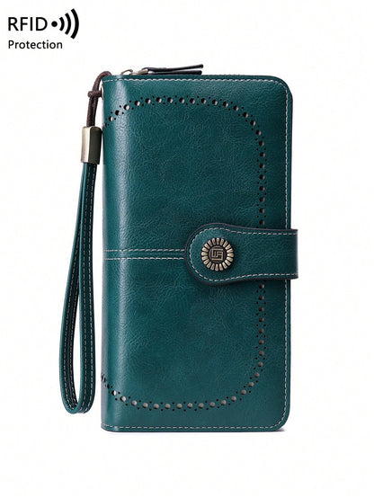 RFID Blocking Large Capacity Tri-Fold Multi-Card Slot PU Solid Color Zipper Snap Wallet, Multi-Functional European And American New Vintage Women's Wallet With Wrist Strap, Valentine's Day Gift For Wi
