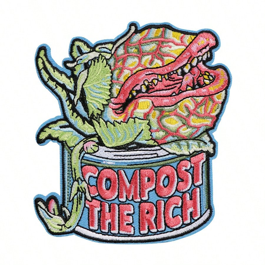 RHUAGYP 1pc "COMPOST THE RICH" Carnivorous Plant Embroidered Patch, Unique Plant Graphic, Clothing, Jacket, Backpack DIY Decor Iron-On Applique
