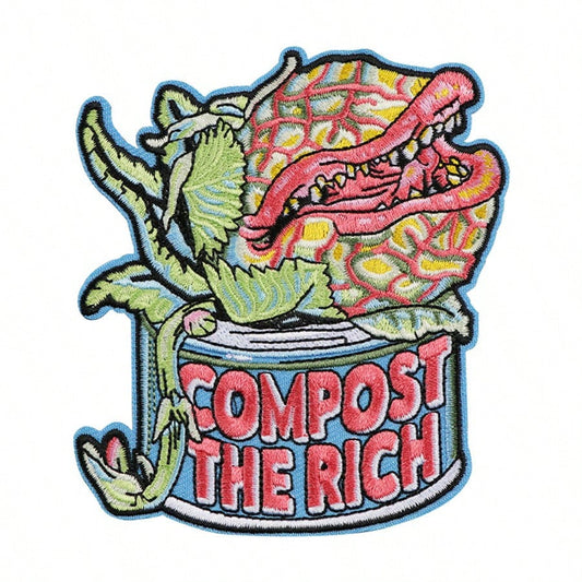 RHUAGYP 1pc "COMPOST THE RICH" Carnivorous Plant Embroidered Patch, Unique Plant Graphic, Clothing, Jacket, Backpack DIY Decor Iron-On Applique