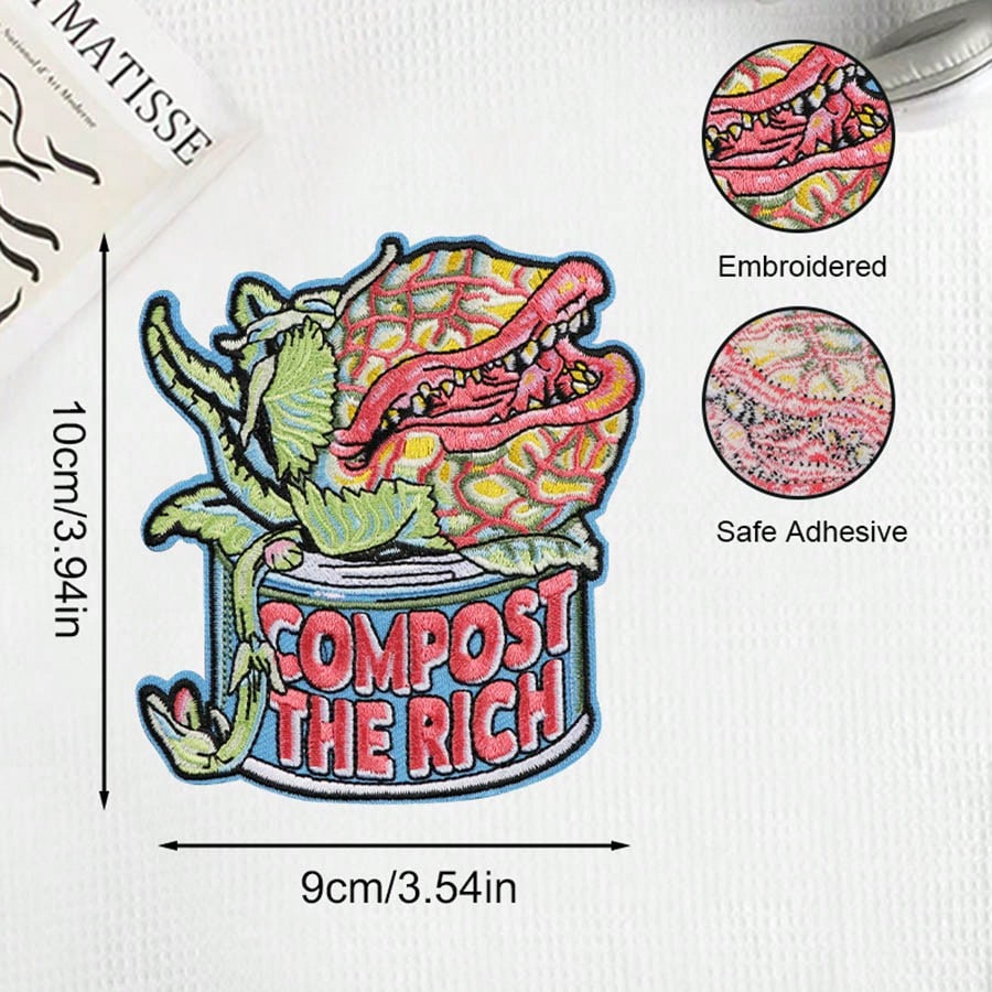RHUAGYP 1pc "COMPOST THE RICH" Carnivorous Plant Embroidered Patch, Unique Plant Graphic, Clothing, Jacket, Backpack DIY Decor Iron-On Applique