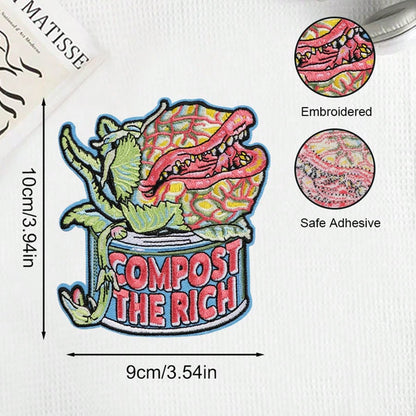 RHUAGYP 1pc "COMPOST THE RICH" Carnivorous Plant Embroidered Patch, Unique Plant Graphic, Clothing, Jacket, Backpack DIY Decor Iron-On Applique