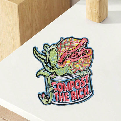 RHUAGYP 1pc "COMPOST THE RICH" Carnivorous Plant Embroidered Patch, Unique Plant Graphic, Clothing, Jacket, Backpack DIY Decor Iron-On Applique