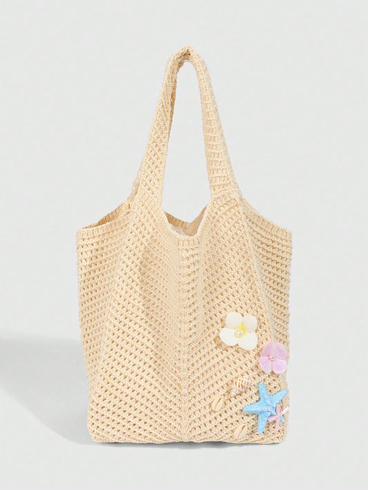 ROMWE Fairycore 1pc Tropical Shiny Hollow Out Knitted Tote Bag, Beach Vacation Style Shoulder Bag,Holiday