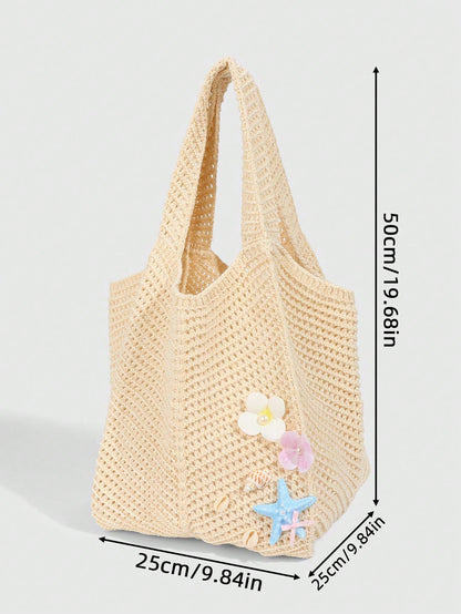ROMWE Fairycore 1pc Tropical Shiny Hollow Out Knitted Tote Bag, Beach Vacation Style Shoulder Bag,Holiday