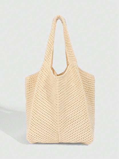 ROMWE Fairycore 1pc Tropical Shiny Hollow Out Knitted Tote Bag, Beach Vacation Style Shoulder Bag,Holiday