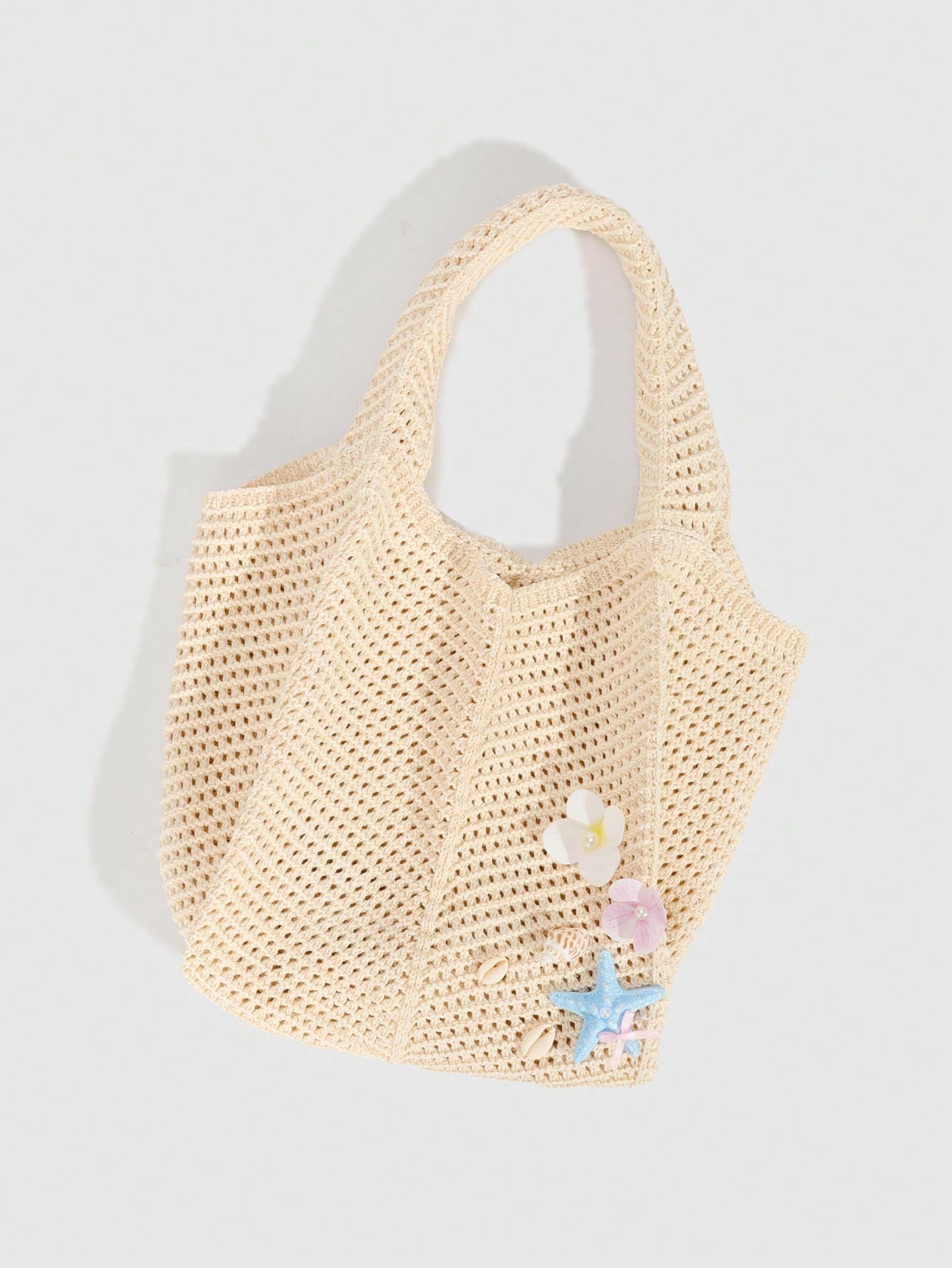 ROMWE Fairycore 1pc Tropical Shiny Hollow Out Knitted Tote Bag, Beach Vacation Style Shoulder Bag,Holiday