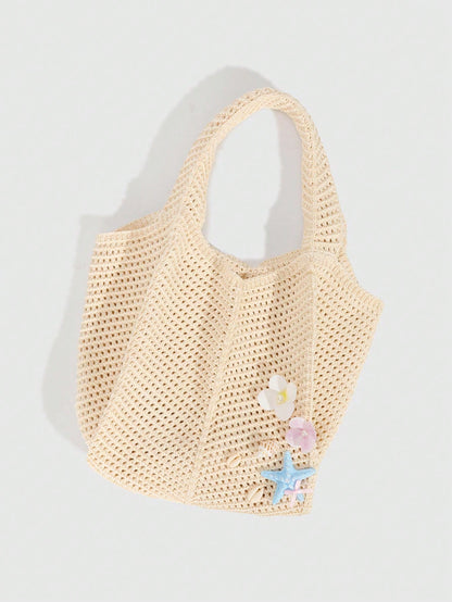 ROMWE Fairycore 1pc Tropical Shiny Hollow Out Knitted Tote Bag, Beach Vacation Style Shoulder Bag,Holiday