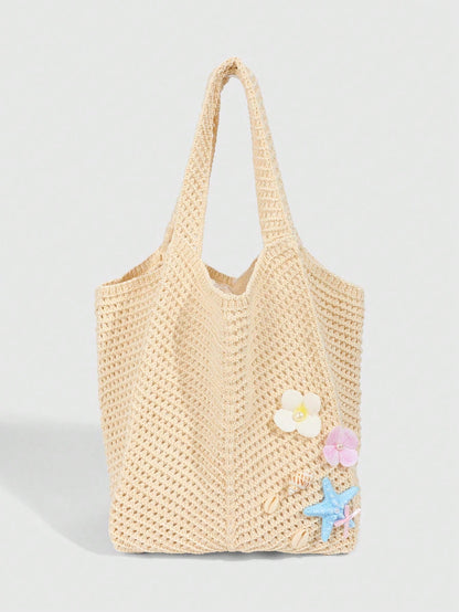 ROMWE Fairycore 1pc Tropical Shiny Hollow Out Knitted Tote Bag, Beach Vacation Style Shoulder Bag,Holiday