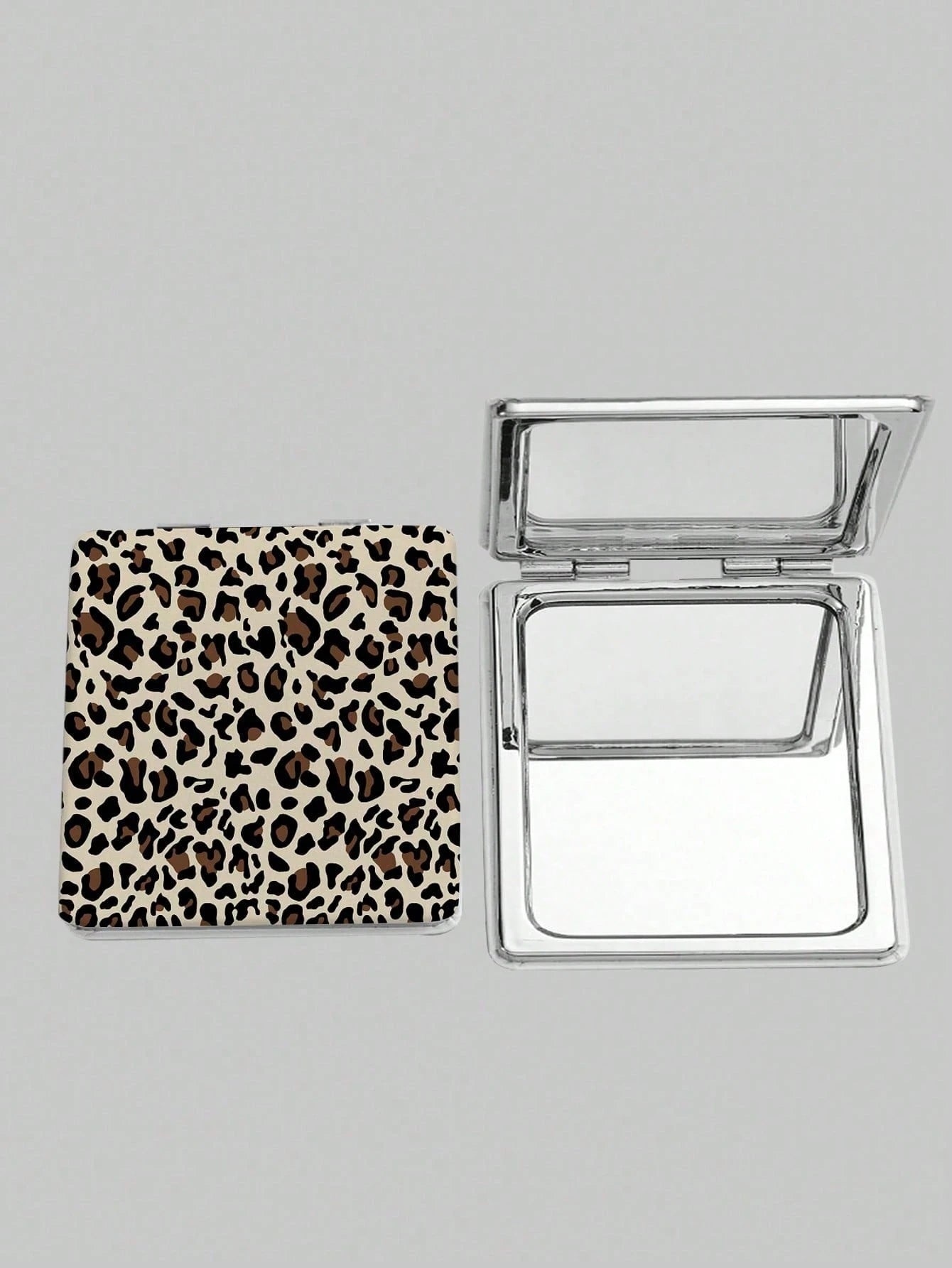ROMWE Grunge Punk 1pc PU Leopard Print Double-Sided Folding Makeup Pocket Mirror, Portable, Creative Metal Mirror For Women/Students, Random Floral Pattern Design