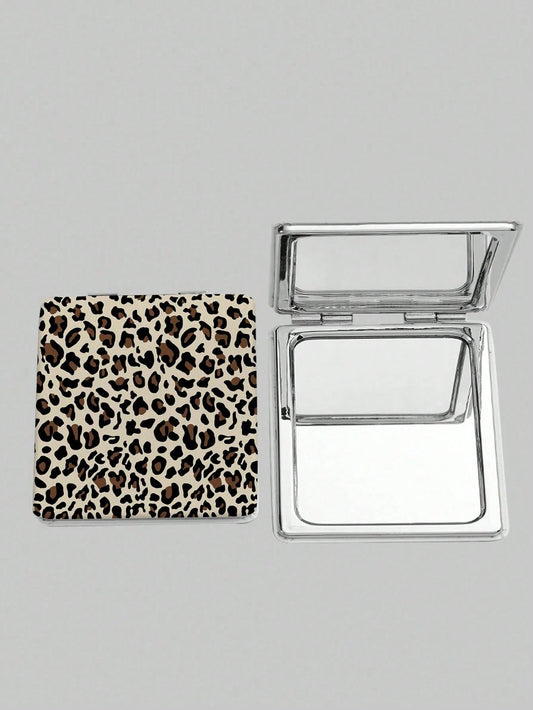 ROMWE Grunge Punk 1pc PU Leopard Print Double-Sided Folding Makeup Pocket Mirror, Portable, Creative Metal Mirror For Women/Students, Random Floral Pattern Design