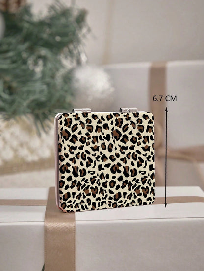 ROMWE Grunge Punk 1pc PU Leopard Print Double-Sided Folding Makeup Pocket Mirror, Portable, Creative Metal Mirror For Women/Students, Random Floral Pattern Design