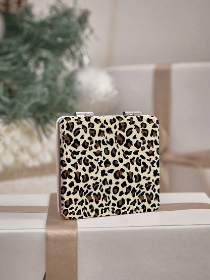 ROMWE Grunge Punk 1pc PU Leopard Print Double-Sided Folding Makeup Pocket Mirror, Portable, Creative Metal Mirror For Women/Students, Random Floral Pattern Design
