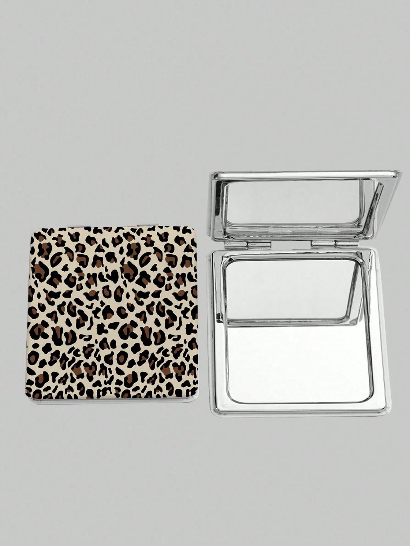 ROMWE Grunge Punk 1pc PU Leopard Print Double-Sided Folding Makeup Pocket Mirror, Portable, Creative Metal Mirror For Women/Students, Random Floral Pattern Design