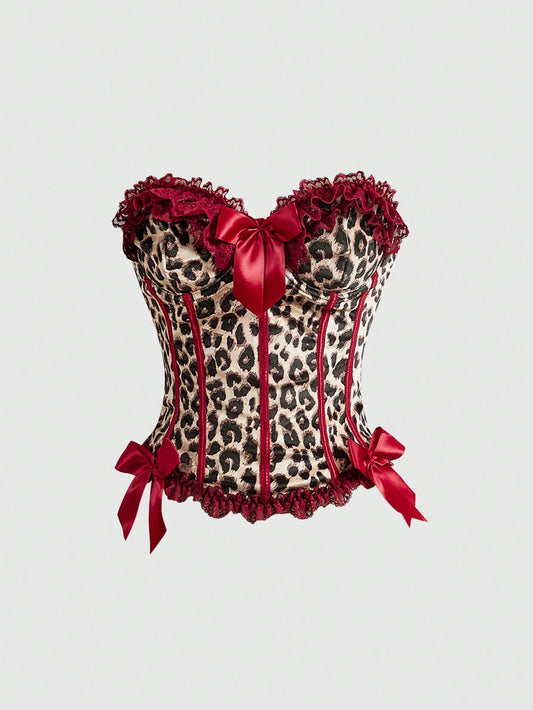 ROMWE J-Fashion Y2K Leopard Print Lace Patchwork Bow Decor Sexy Women Top