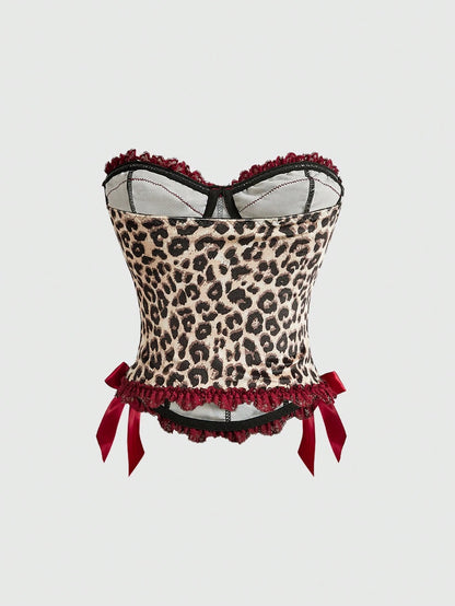 ROMWE J-Fashion Y2K Leopard Print Lace Patchwork Bow Decor Sexy Women Top