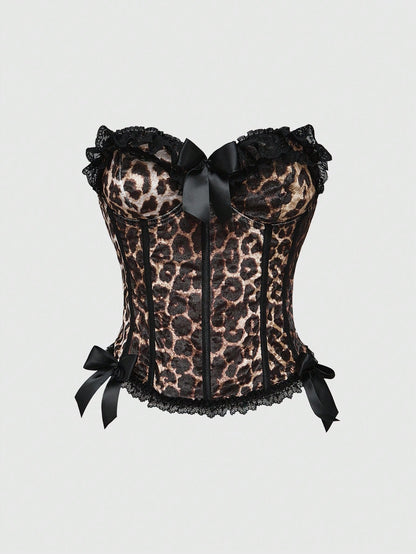 ROMWE J-Fashion Y2K Leopard Print Lace Patchwork Bow Decor Sexy Women Top