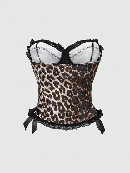 ROMWE J-Fashion Y2K Leopard Print Lace Patchwork Bow Decor Sexy Women Top