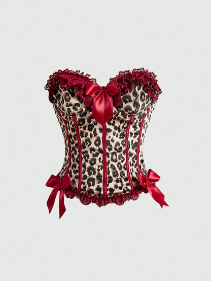 ROMWE J-Fashion Y2K Leopard Print Lace Patchwork Bow Decor Sexy Women Top
