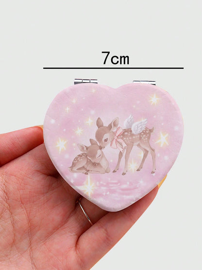 ROMWE Kawaii 1pc Pink Bowknot PU Heart Shaped Makeup Compact Mirror, Random Pattern