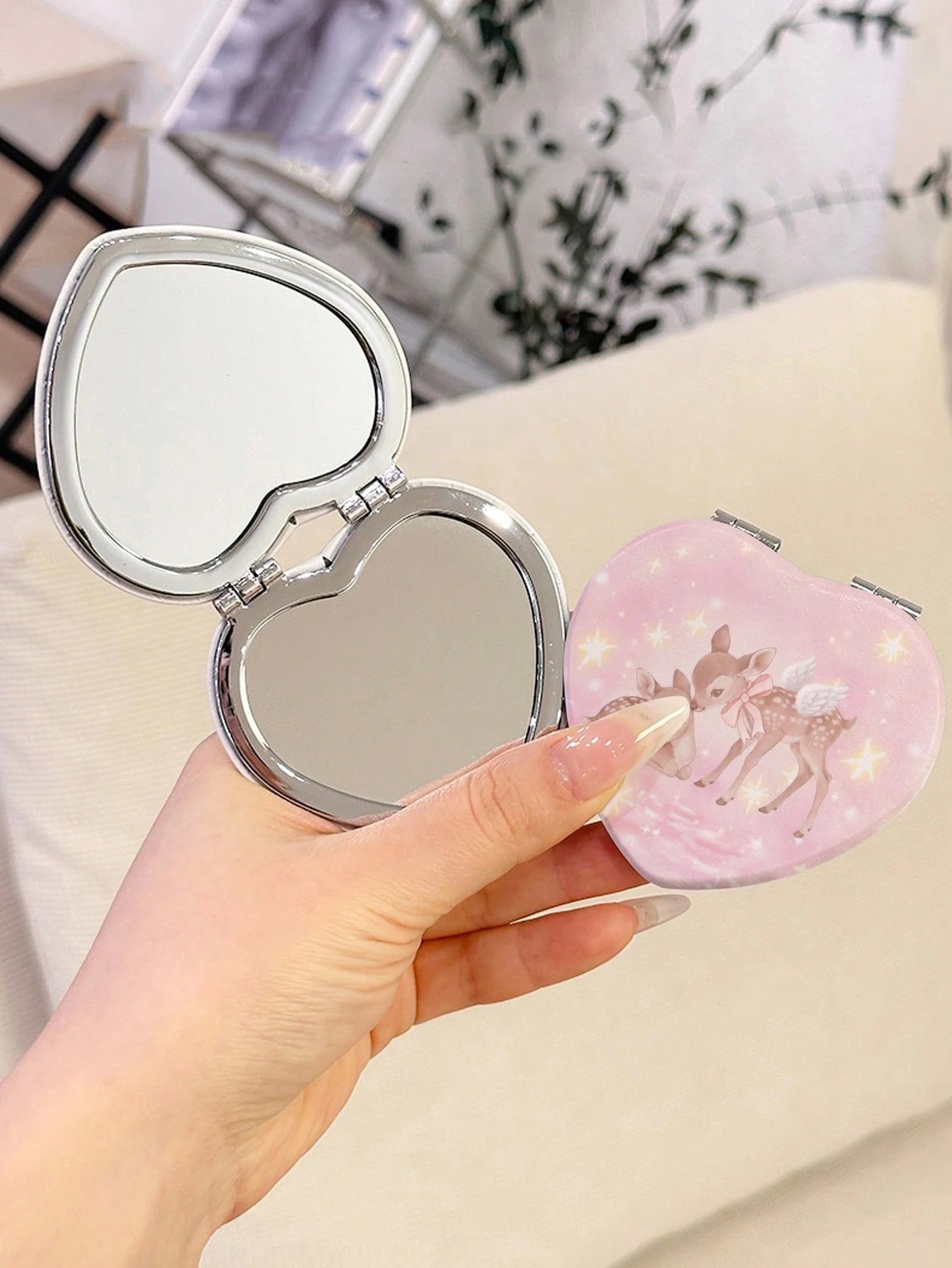 ROMWE Kawaii 1pc Pink Bowknot PU Heart Shaped Makeup Compact Mirror, Random Pattern