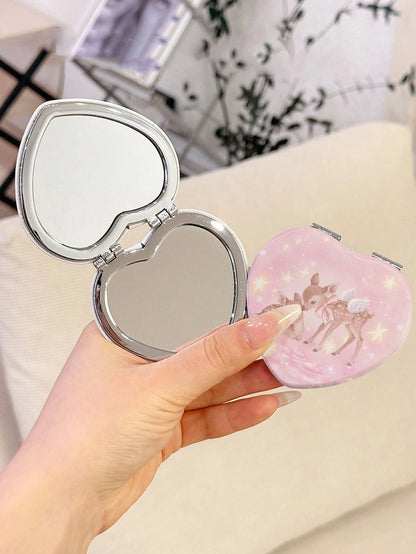 ROMWE Kawaii 1pc Pink Bowknot PU Heart Shaped Makeup Compact Mirror, Random Pattern