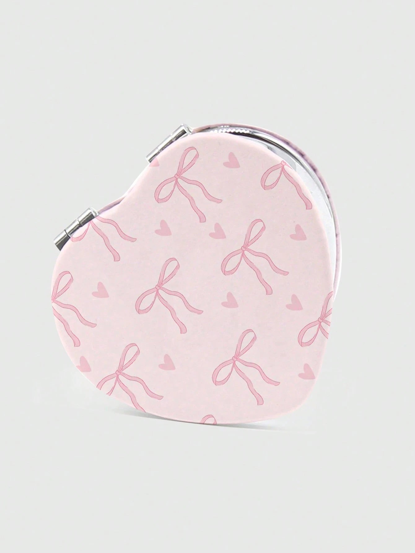 ROMWE Kawaii 1pc Pink Bowknot PU Heart Shaped Makeup Compact Mirror, Random Pattern