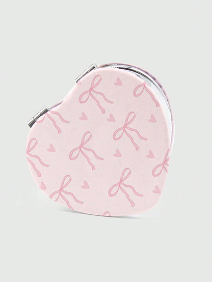 ROMWE Kawaii 1pc Pink Bowknot PU Heart Shaped Makeup Compact Mirror, Random Pattern