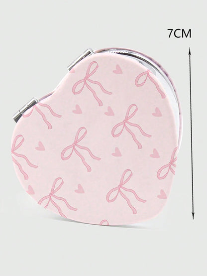 ROMWE Kawaii 1pc Pink Bowknot PU Heart Shaped Makeup Compact Mirror, Random Pattern