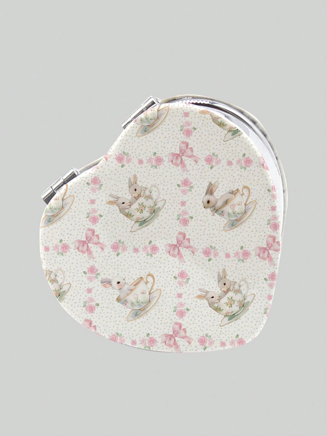 ROMWE Kawaii 1pc Pink Bowknot PU Heart Shaped Makeup Compact Mirror, Random Pattern