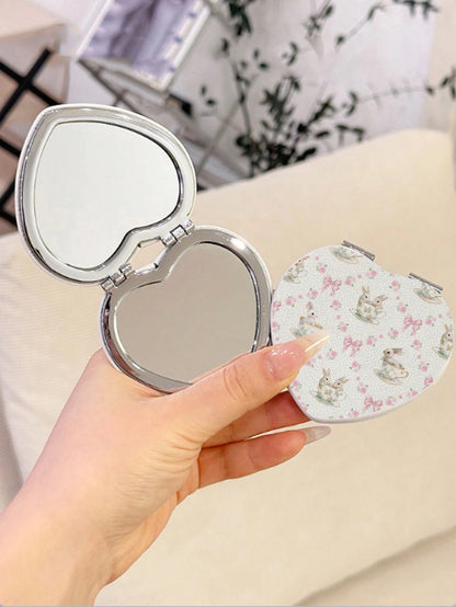 ROMWE Kawaii 1pc Pink Bowknot PU Heart Shaped Makeup Compact Mirror, Random Pattern