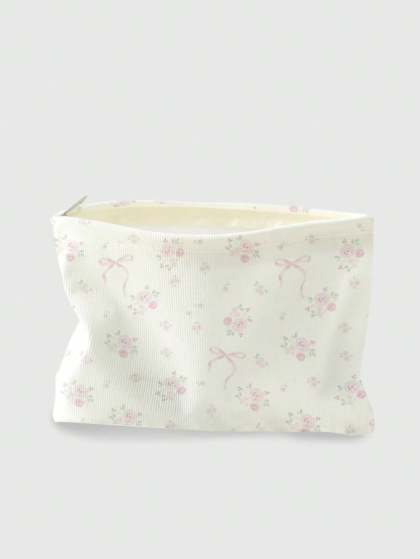 ROMWE Kawaii Bow & Flower Pattern Double-Sided Printed Corduroy Cosmetic Bag With Bowknot