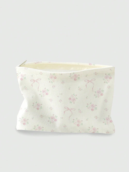 ROMWE Kawaii Bow & Flower Pattern Double-Sided Printed Corduroy Cosmetic Bag With Bowknot