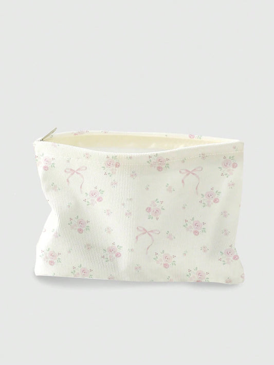ROMWE Kawaii Bow & Flower Pattern Double-Sided Printed Corduroy Cosmetic Bag With Bowknot