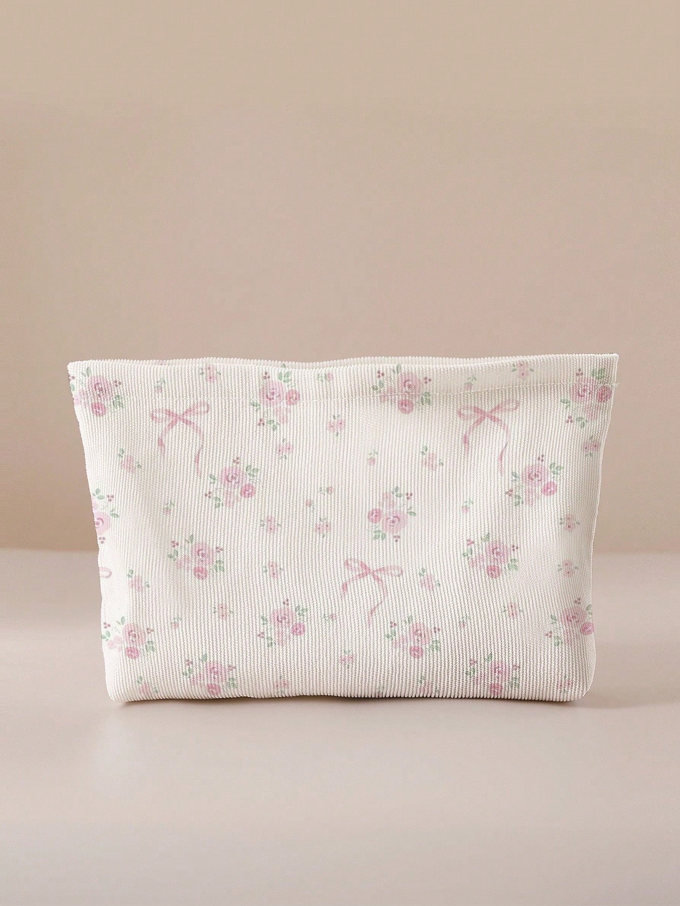ROMWE Kawaii Bow & Flower Pattern Double-Sided Printed Corduroy Cosmetic Bag With Bowknot