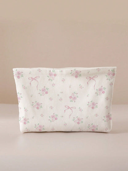 ROMWE Kawaii Bow & Flower Pattern Double-Sided Printed Corduroy Cosmetic Bag With Bowknot