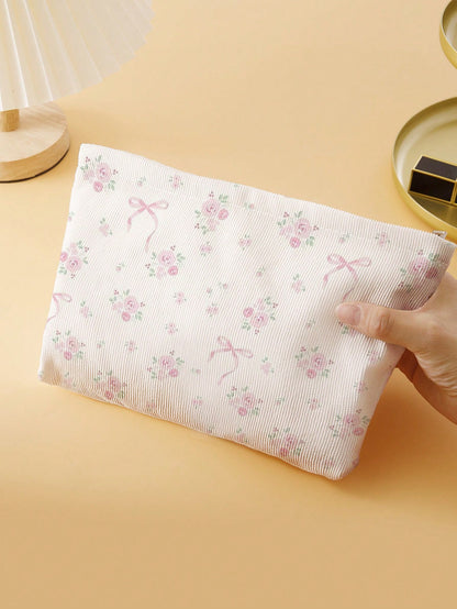 ROMWE Kawaii Bow & Flower Pattern Double-Sided Printed Corduroy Cosmetic Bag With Bowknot