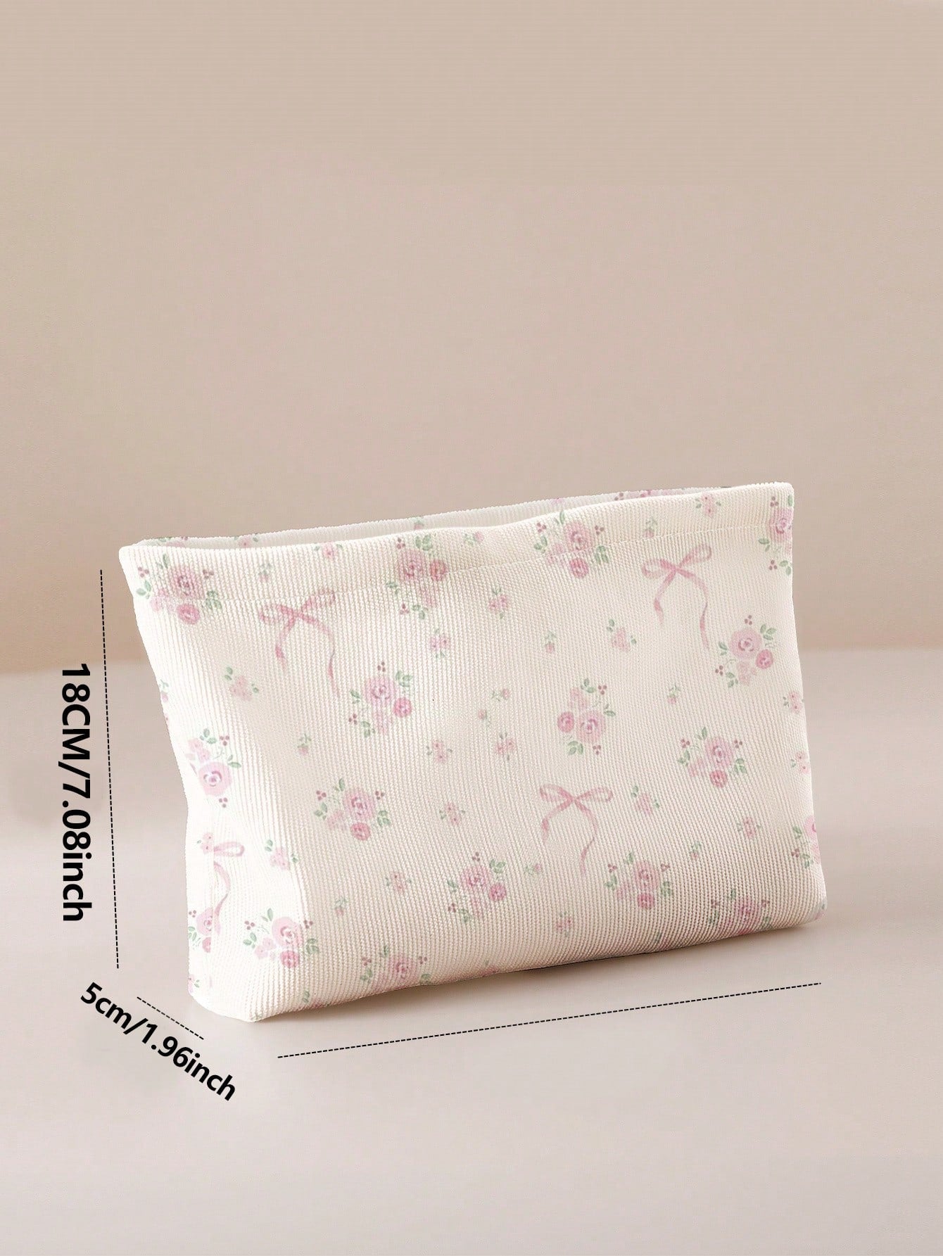 ROMWE Kawaii Bow & Flower Pattern Double-Sided Printed Corduroy Cosmetic Bag With Bowknot