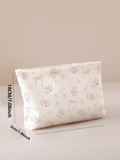 ROMWE Kawaii Bow & Flower Pattern Double-Sided Printed Corduroy Cosmetic Bag With Bowknot