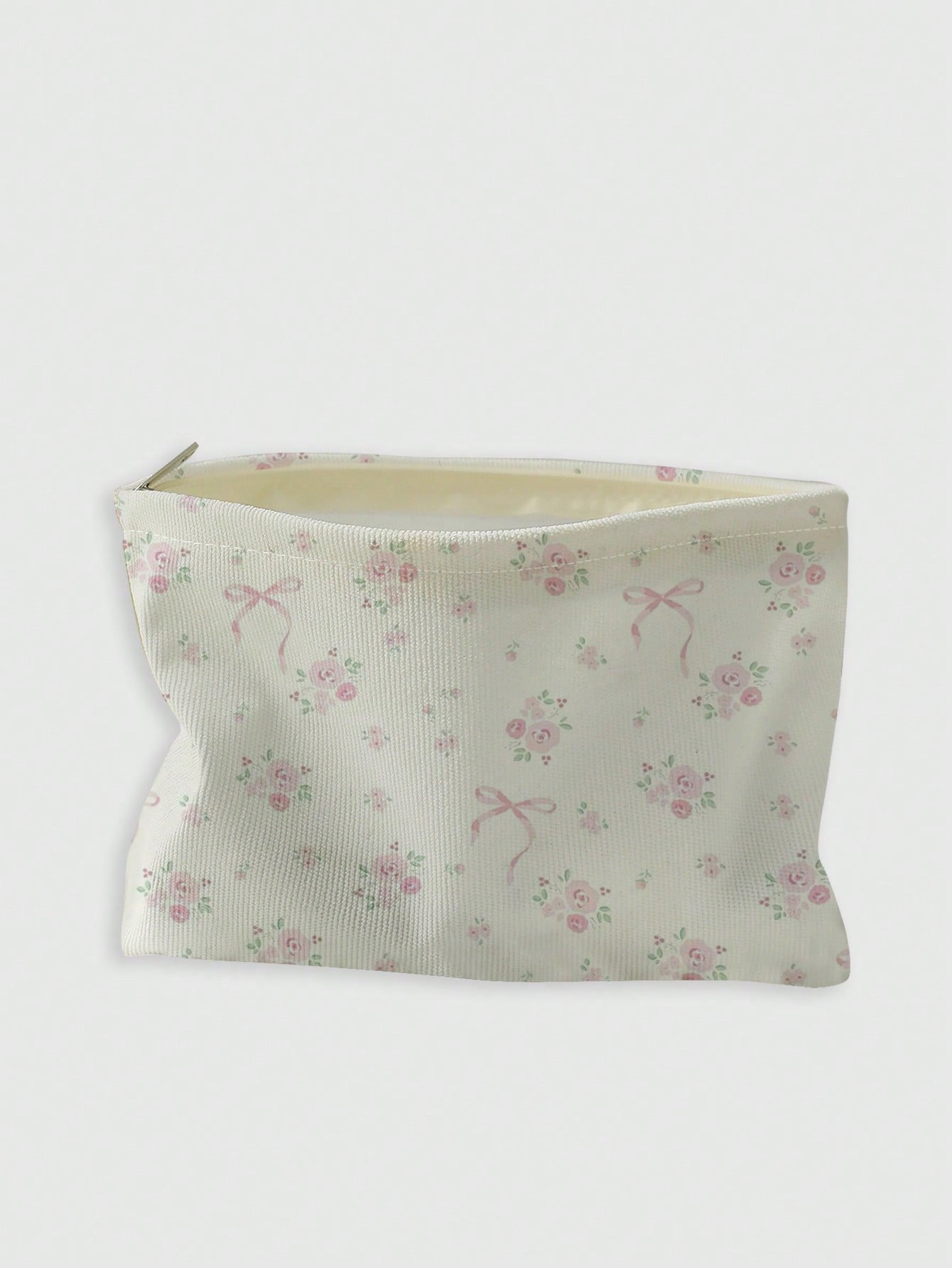 ROMWE Kawaii Bow & Flower Pattern Double-Sided Printed Corduroy Cosmetic Bag With Bowknot