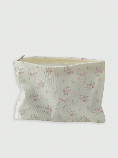 ROMWE Kawaii Bow & Flower Pattern Double-Sided Printed Corduroy Cosmetic Bag With Bowknot