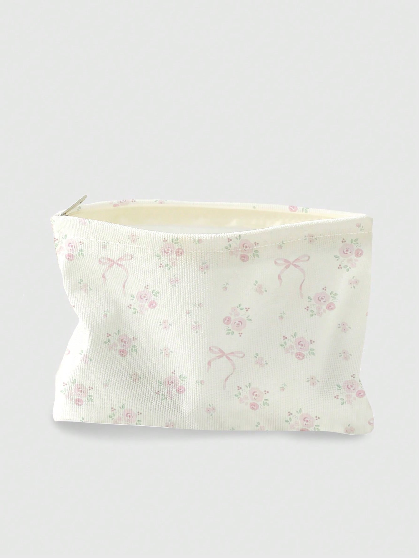 ROMWE Kawaii Bow & Flower Pattern Double-Sided Printed Corduroy Cosmetic Bag With Bowknot