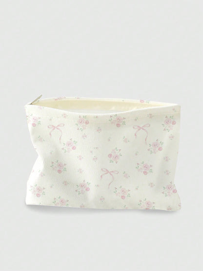 ROMWE Kawaii Bow & Flower Pattern Double-Sided Printed Corduroy Cosmetic Bag With Bowknot
