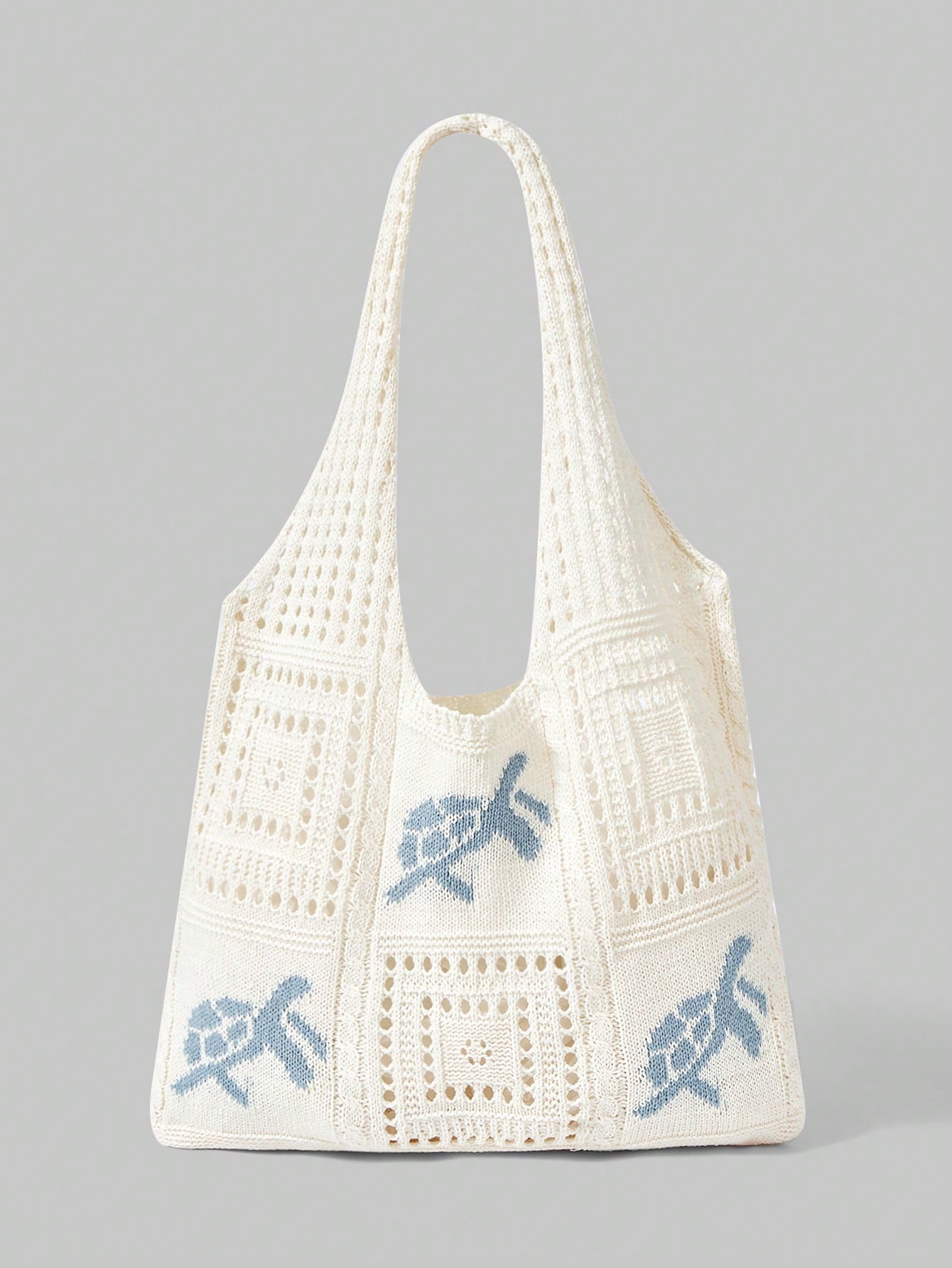 ROMWE Kawaii Women's Summer Beach Tote Bag- Crochet Design With Sea Turtle Pattern, Large Capacity Open-Top Tote, Beige Polyester, Suitable For Casual Outings And Coastal Vacations, Beach Tote Bag, T