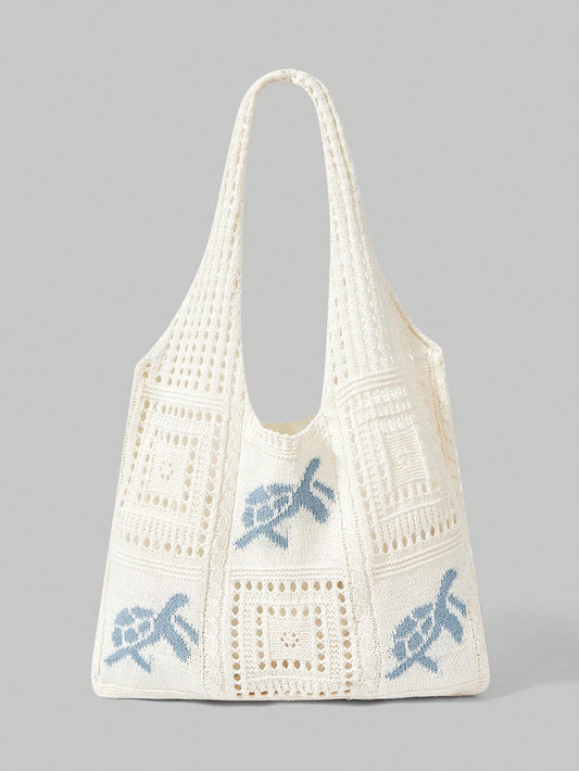 ROMWE Kawaii Women's Summer Beach Tote Bag- Crochet Design With Sea Turtle Pattern, Large Capacity Open-Top Tote, Beige Polyester, Suitable For Casual Outings And Coastal Vacations, Beach Tote Bag, T