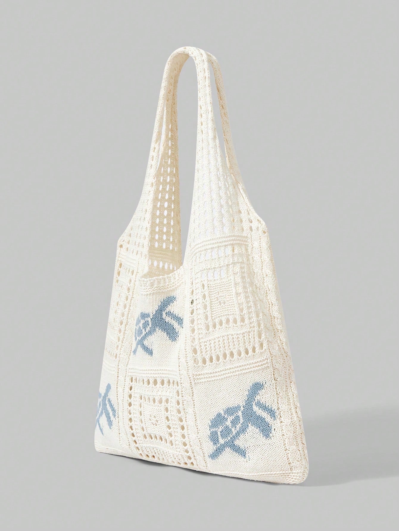 ROMWE Kawaii Women's Summer Beach Tote Bag- Crochet Design With Sea Turtle Pattern, Large Capacity Open-Top Tote, Beige Polyester, Suitable For Casual Outings And Coastal Vacations, Beach Tote Bag, T