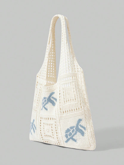 ROMWE Kawaii Women's Summer Beach Tote Bag- Crochet Design With Sea Turtle Pattern, Large Capacity Open-Top Tote, Beige Polyester, Suitable For Casual Outings And Coastal Vacations, Beach Tote Bag, T