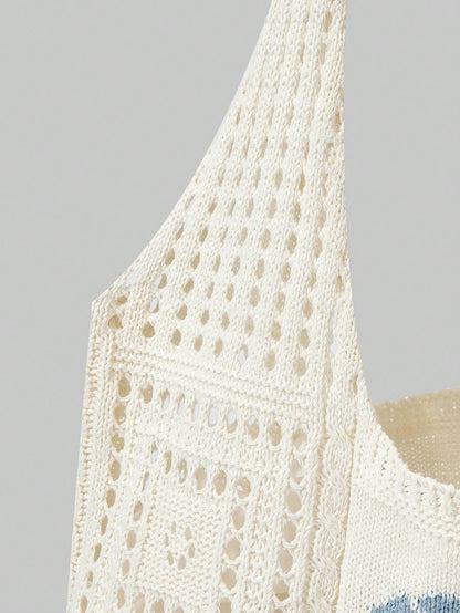 ROMWE Kawaii Women's Summer Beach Tote Bag- Crochet Design With Sea Turtle Pattern, Large Capacity Open-Top Tote, Beige Polyester, Suitable For Casual Outings And Coastal Vacations, Beach Tote Bag, T